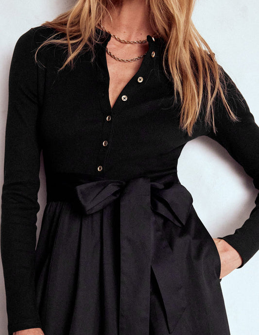 Button Detail Mix Dress Black