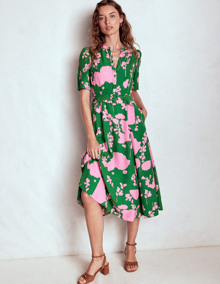 Kate Puff Sleeve Belted Dress Highland Green, Dainty Sprigs