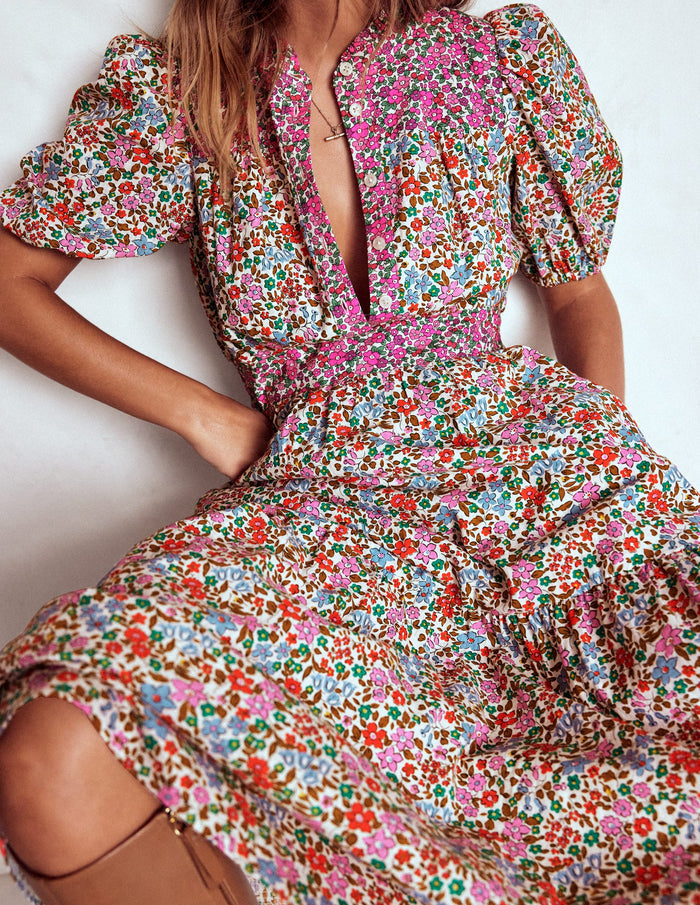 Beatrice Cotton Midi Dress Multi, Flowerbed Cluster