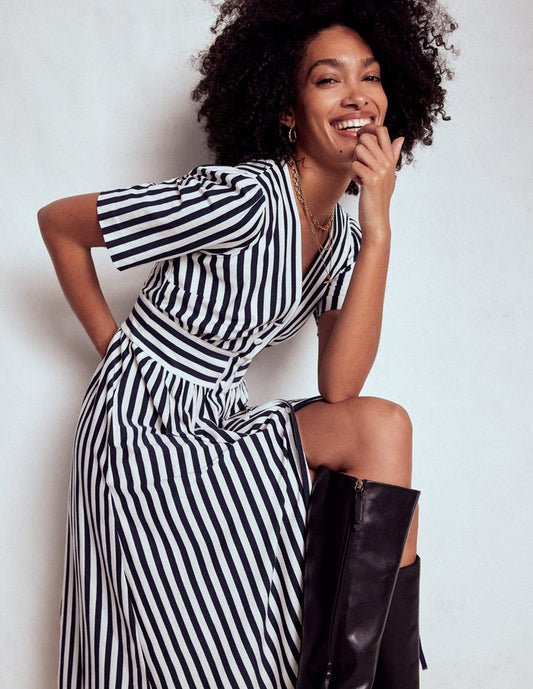 Natalia Jersey Tea Dress French Navy, Ivory Stripe