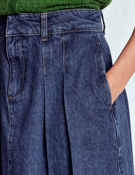Pleated Denim Skirt Mid Wash