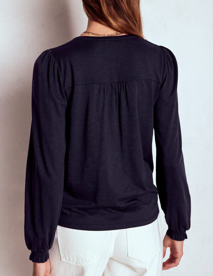 Elsa Smocked Yoke Jersey Shirt Navy