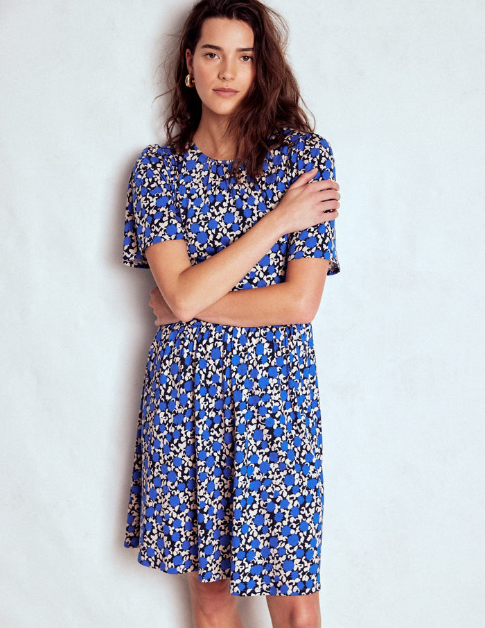 Louisa Short Jersey Dress Kingfisher Blue, Floweret Vine