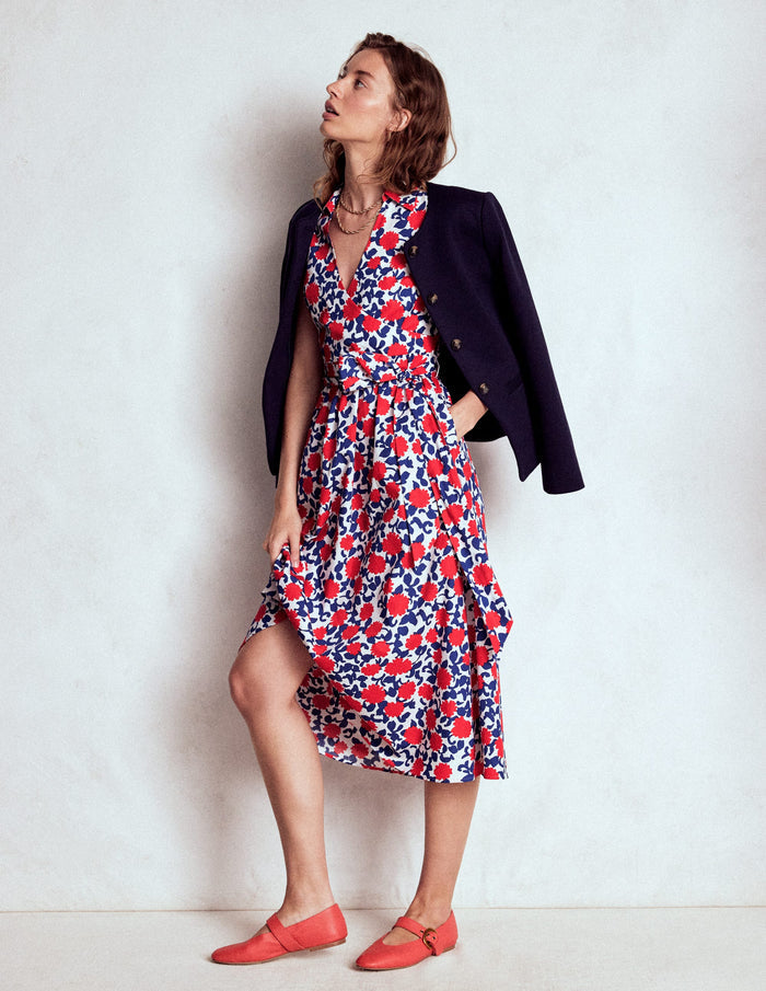Julia Cotton Wrap Midi Dress Poppy Red, Floweret Vine