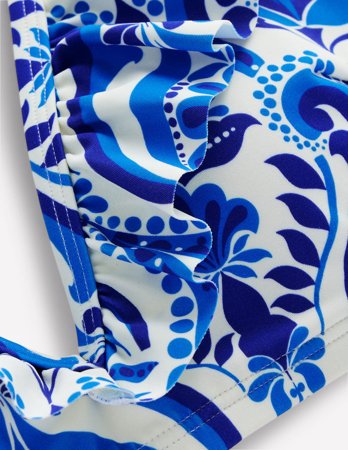 Evia Ruffle Bikini Top Blue, Ornamental Floral