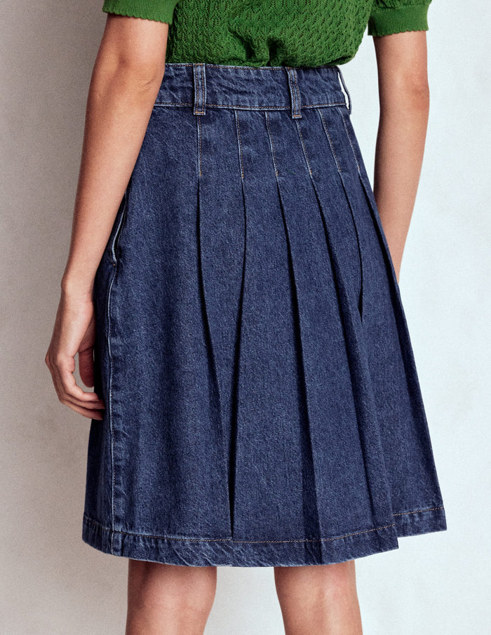 Pleated Denim Skirt Mid Wash