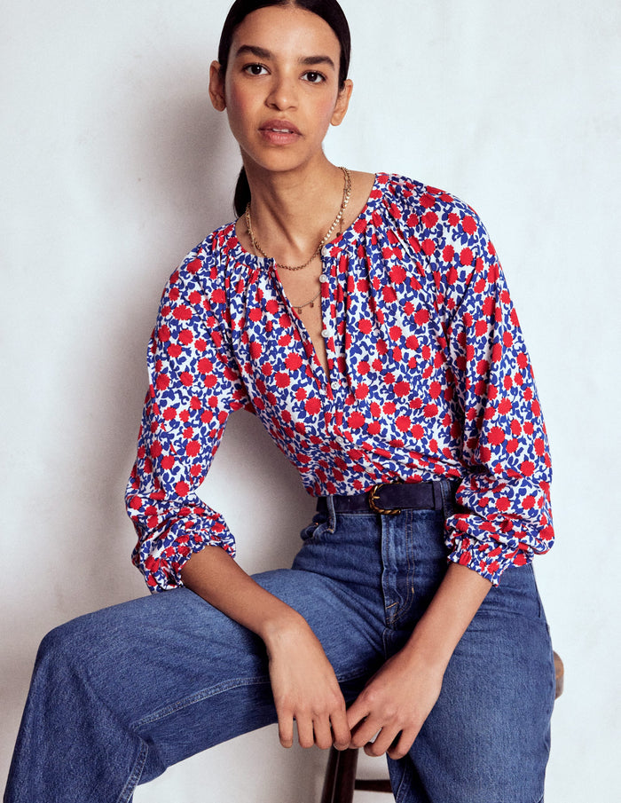 Isla Long Sleeve Jersey Shirt Poppy Red, Floweret Vine