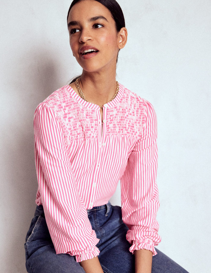 Elsa Smocked Yoke Jersey Shirt Pink Ribbon Stripe