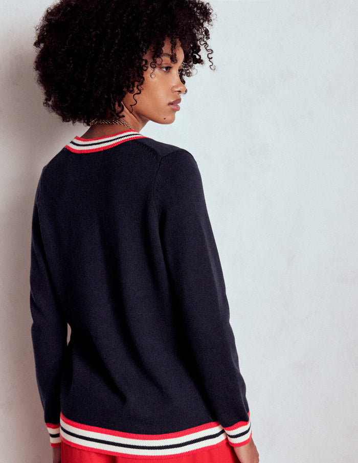 Long Cotton V-neck Cardigan Navy