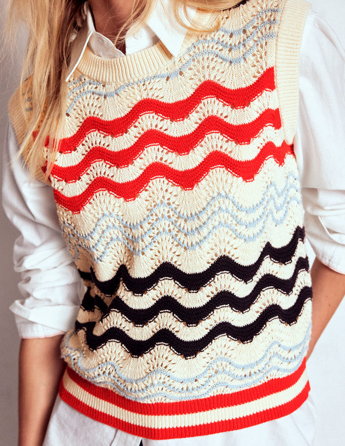Cotton Wave Sweater Vest Navy/ Red Textured Wave