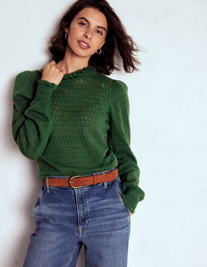 Pointelle Ruffle Sweater Hunter Green