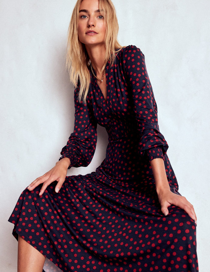 Ivy Smocked Midi Dress French Navy, Painted Dot