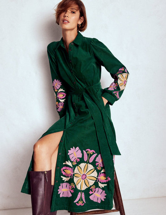 Clara Cord Midi Dress Emerald Night, Embroidery