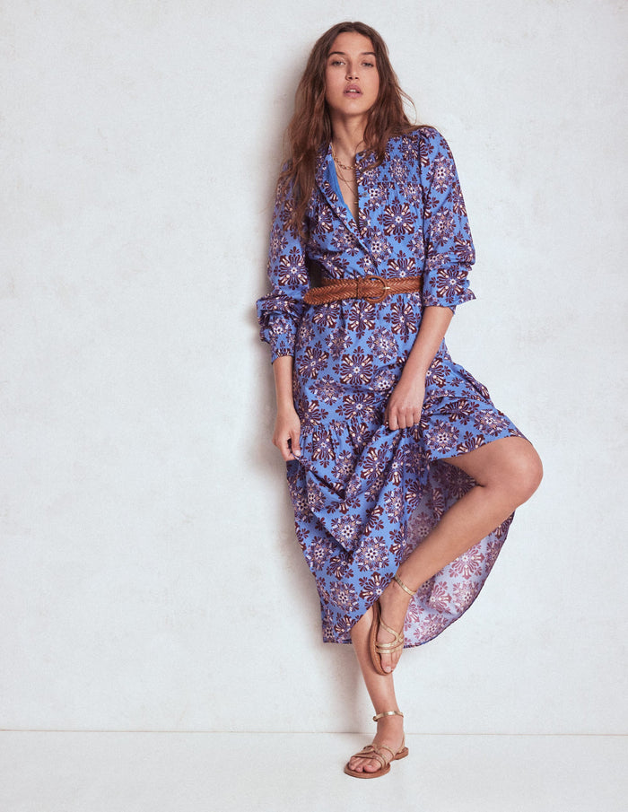 Cecily Cotton Midi Dress Soft Blue, Bloom Mosaic