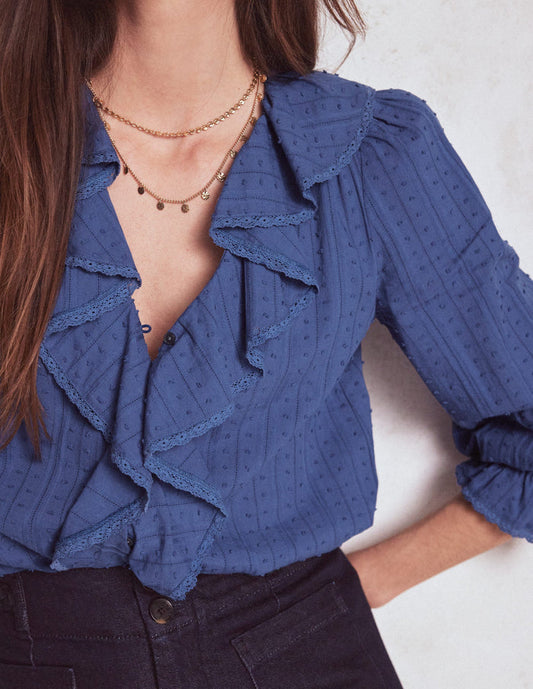 Ruffle V-Neck Blouse Denim Blue