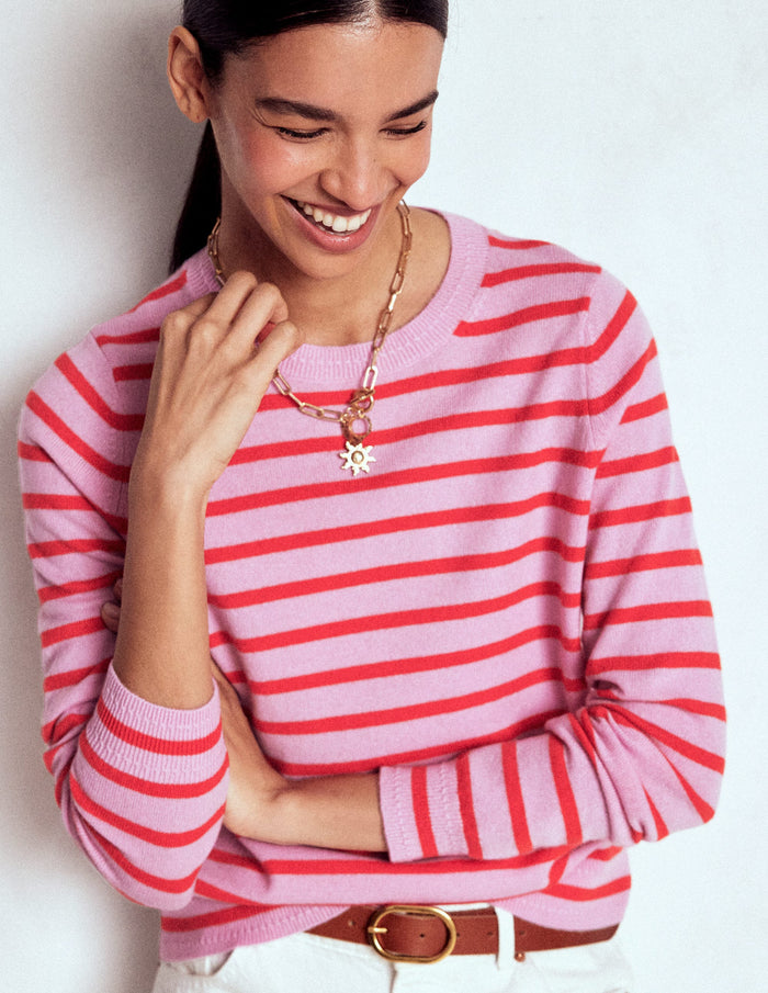 Eva Cashmere Crew Neck Sweater Pink/ Orange Stripe