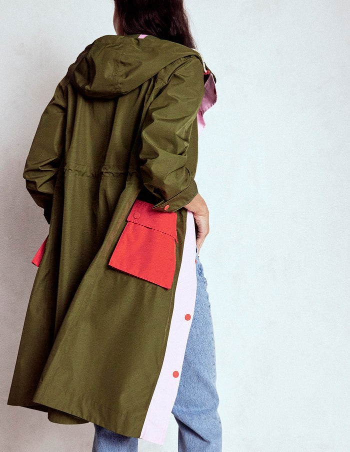 Longline Rain Mac Khaki Colourblock