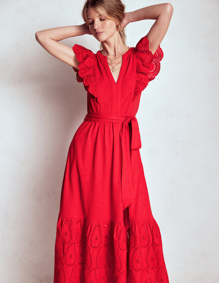 Ruffle Detail Tier Midi Dress Poppy Red
