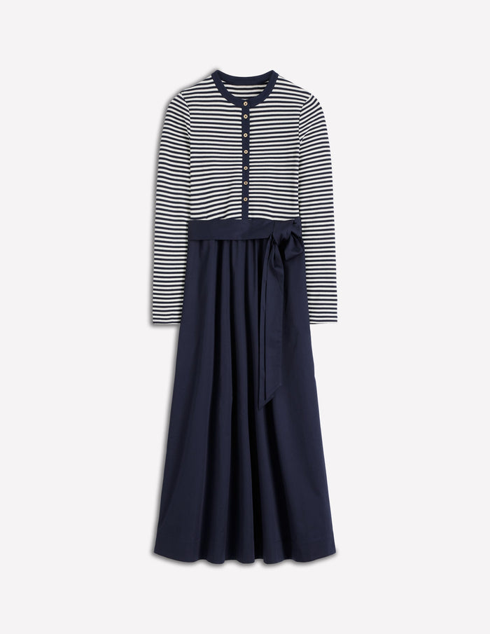 Button Detail Mix Dress Navy Stripe