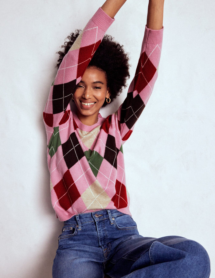 Lydia Cashmere Jumper Pink, Brown and Green Argyle