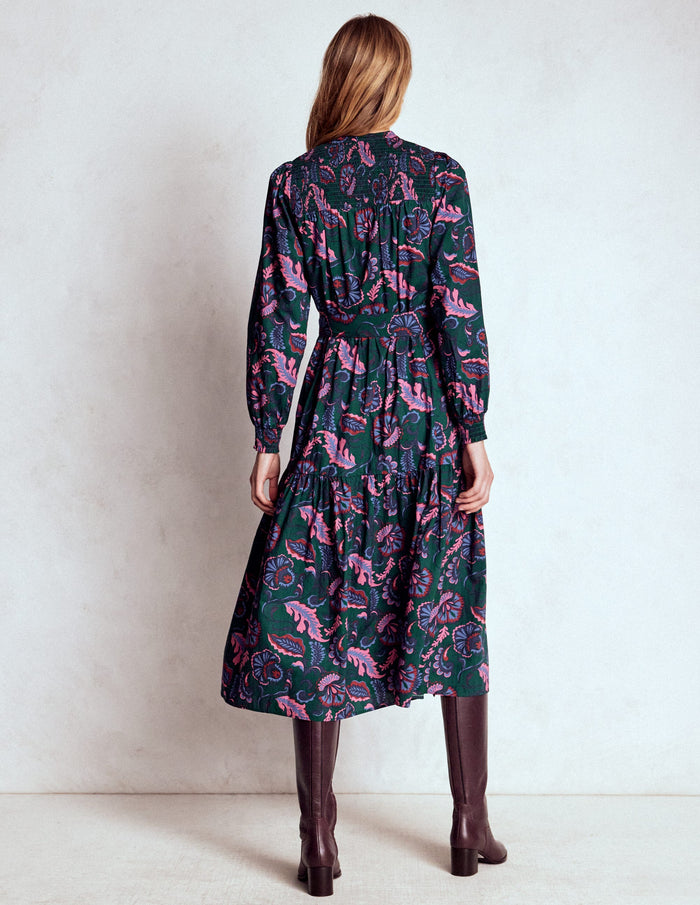 Cecily Cotton Midi Dress Emerald Night, Ornate Meadow