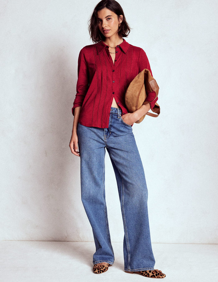 Picot Trim Jersey Shirt Crimson Red