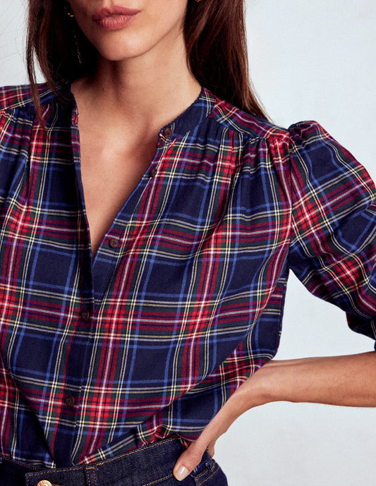 Layla Brushed Cotton Top Navy and Red Check