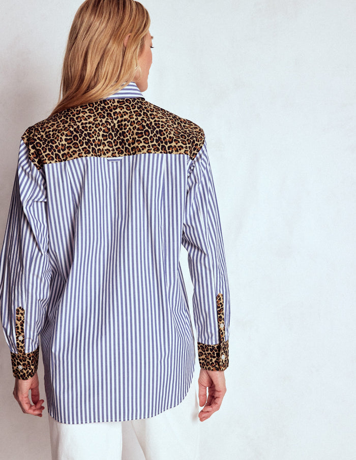 Sadie Relaxed Cotton Shirt Blue Stripe, Cheetah Pop Hotch