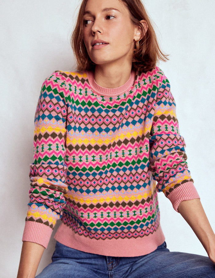 Edie Fair Isle Sweater Pink, Geo Fair Isle