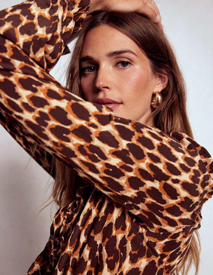 Alice Frill Front Silk Top Leopard Spots