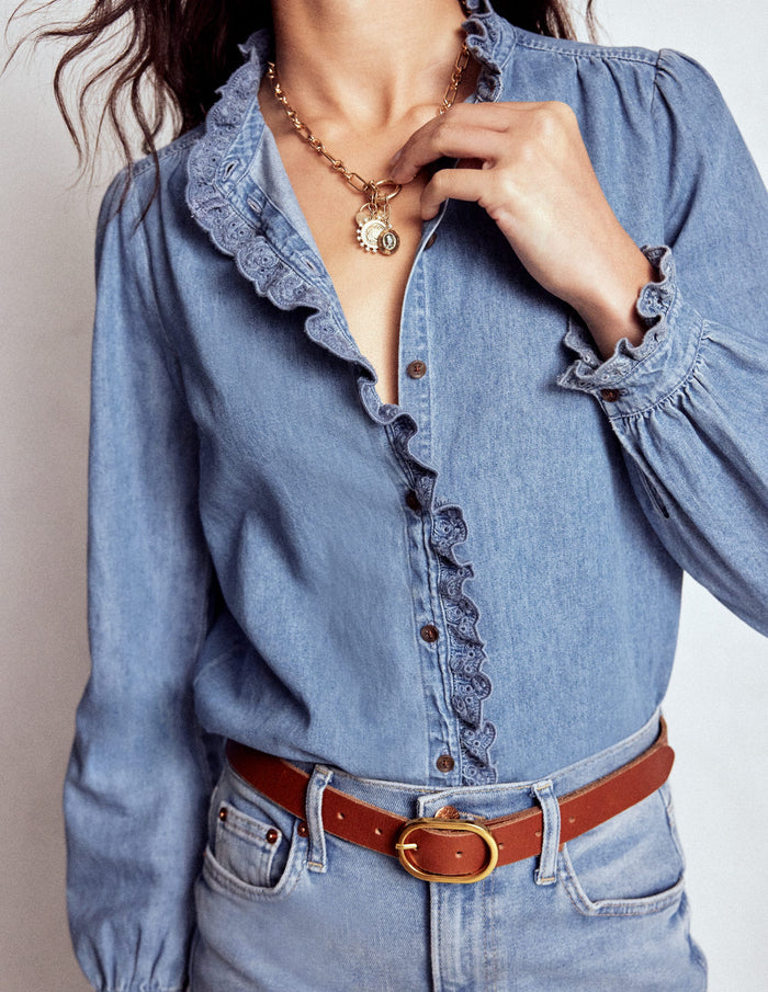 Helena Denim Ruffle Neck Top Light Authentic