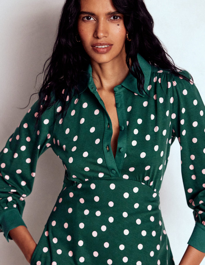 Empire Waistline Shirt Dress Emerald Night, Painted Dot