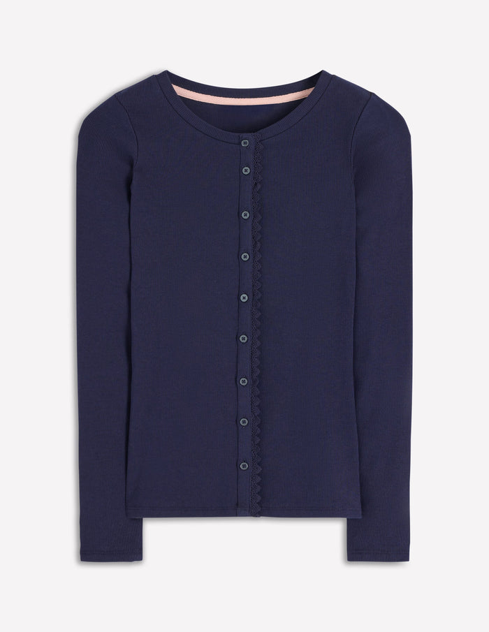 Evie Button Through Ribbed Top Navy