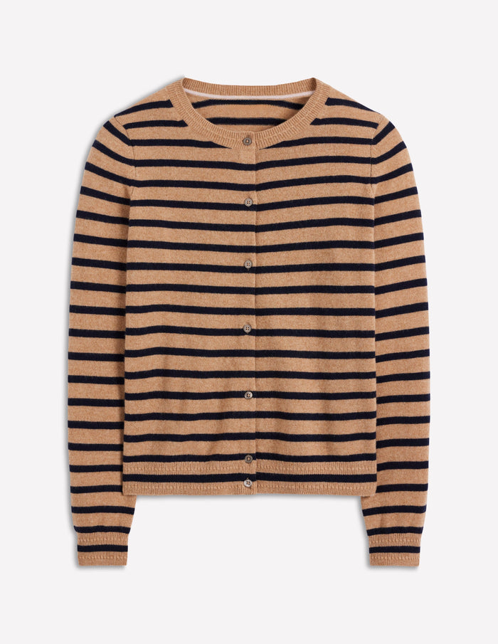 Eva Cashmere Crew Cardigan Camel Melange/Navy Stripe